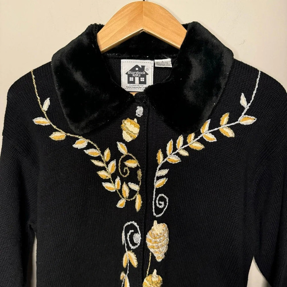 Storybook Knits Acorn Fruits Theme Cardigan Sweater Cotton Ramie Button L Black - Picture 4 of 7